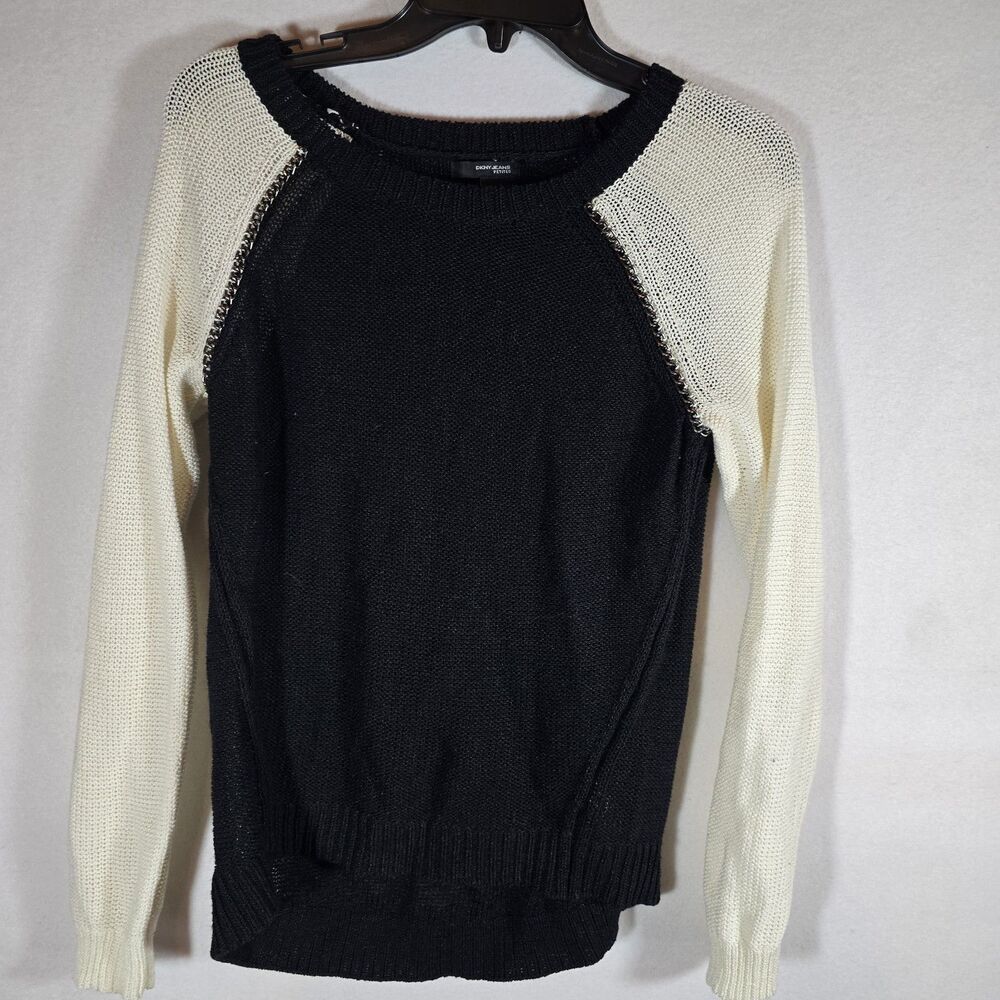 DKNY Womens Petite Medium Sweater Gray Hoodie Hooded Pullover Sweatshirt Knit